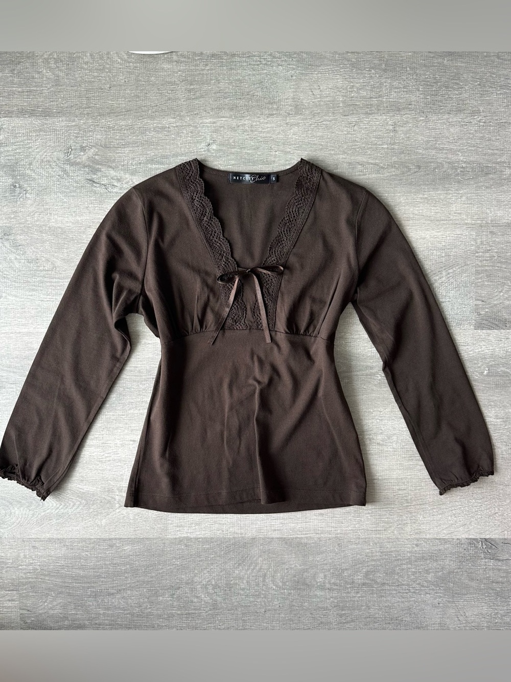 Netcitychic Brown Lace-Trim Long Sleeve V-Neck Top with bow 3/4 sleeve